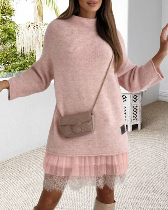 Casual hög krage pullover mesh klänning i enfärgad