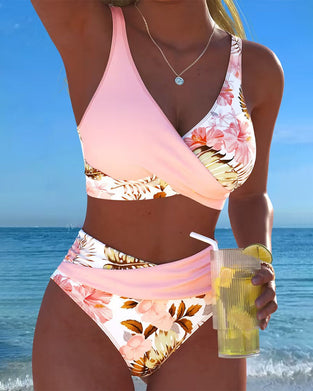 Bikini Kontrast Blommig Delad