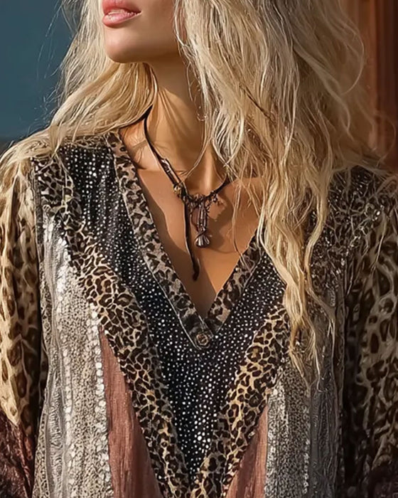 Blus Leopard Patchwork V-Hals Tryck