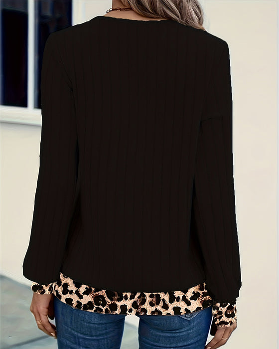 Topp Lång Ärm V-Hals Leopard Patchwork