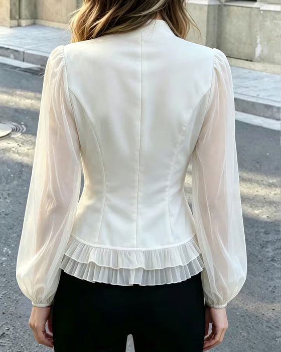 Blus Mini Mandarin Krage Sheer Ruffle