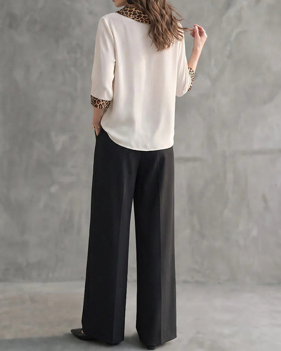 Blus Leopard Panel Cowl Neck Armbågslång Ärm