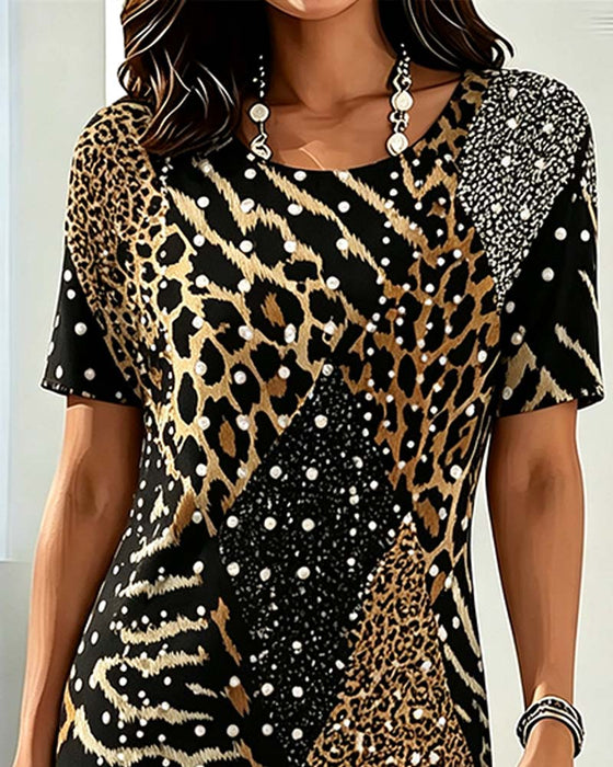 Klänning Leopardmönster Rundhalsad Kortärmad Patchwork