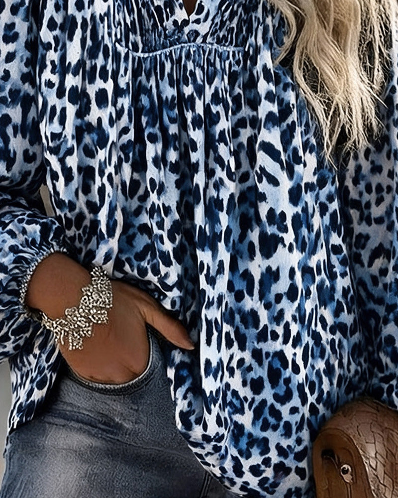 Blus V-Hals Leopard Tryck Rynkad Puffärm