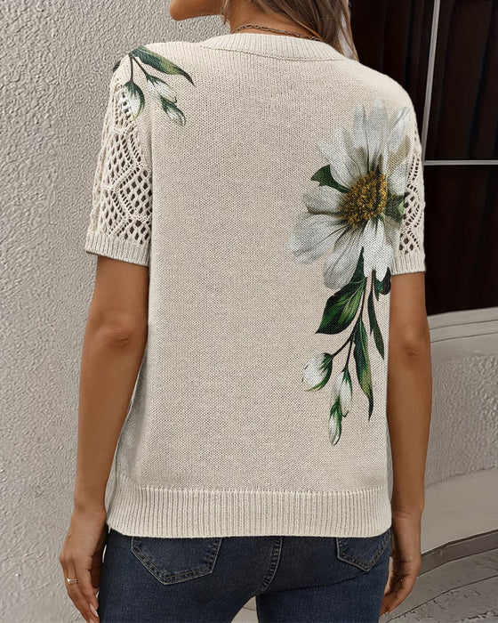 Pullover V-Ringning Stickad Blommig