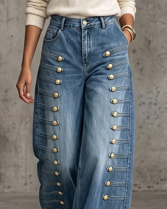 Byxor Knapp Ficka Bredbent Denim Lång