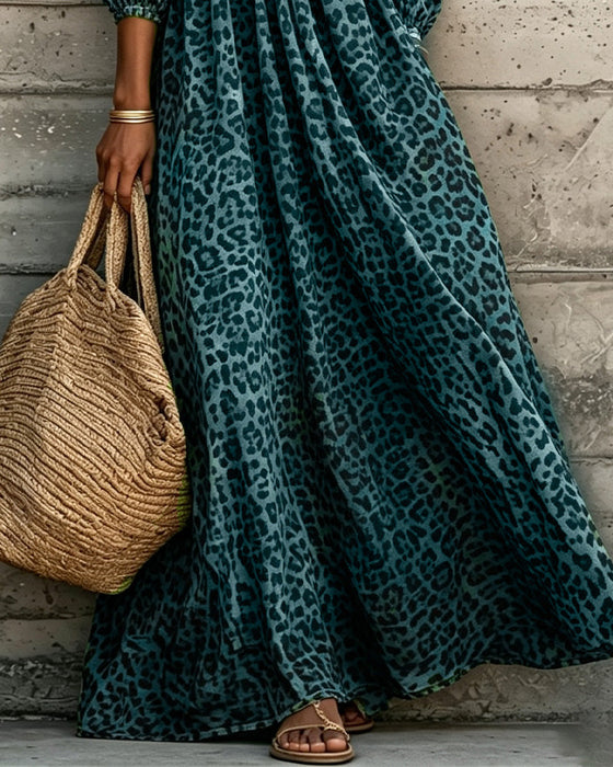Klänning Leopard Tryck V-Hals Puff Ärm