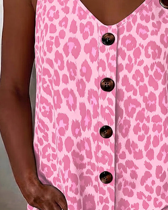 Tank Top Leopard Spagettiband Knapp Metallspänne