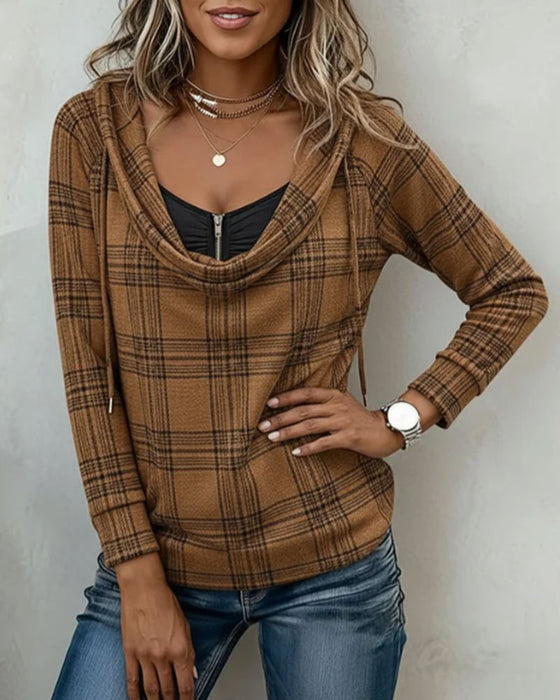 Topp Rutig Mock Layered Turtleneck Hoodie