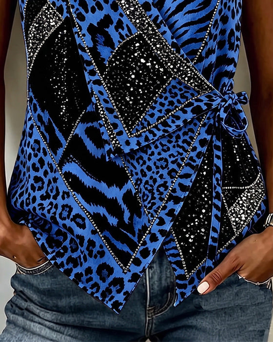 Blus Leopardtryck Knytband Fram Ärmlös