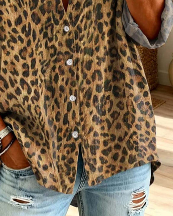 Skjorta V-Hals Knapp Leopard Lång Ärm