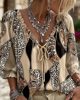 Blus V-Hals Leopard Puffärm Knyt