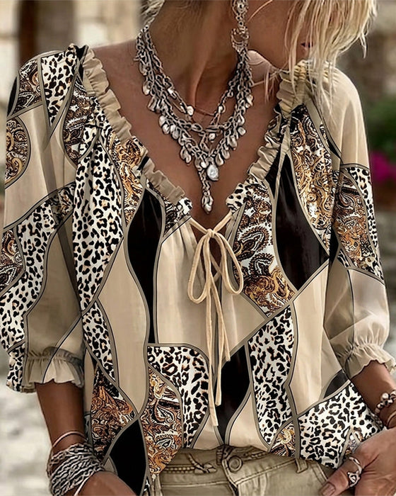 Blus V-Hals Leopard Puffärm Knyt