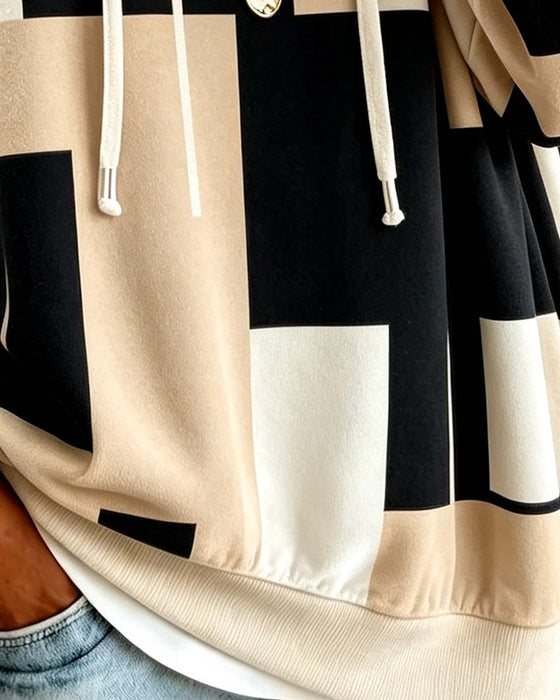 Sweatshirt Geometriskt Print Färgblock Dragsko