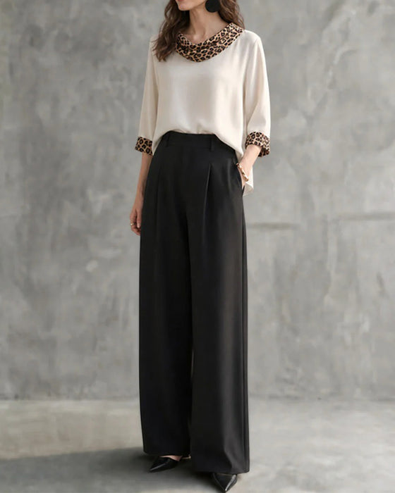 Blus Leopard Panel Cowl Neck Armbågslång Ärm