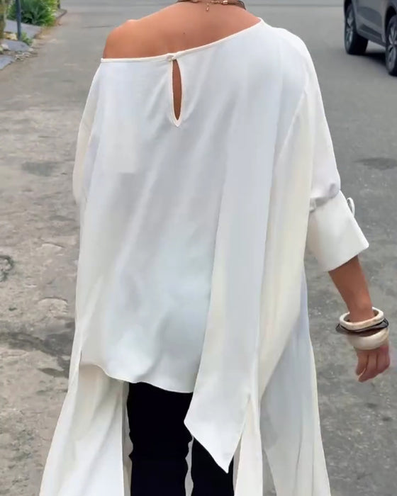 Blus Asymmetrisk Hals Oregelbunden Slits Armbågslång Ärm