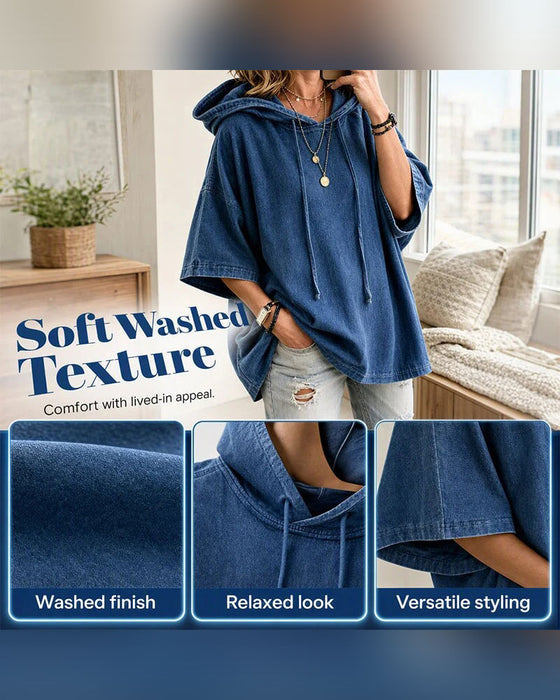 Hoodie Huvförsedd Dragsko Armbågslång Ärm Denim