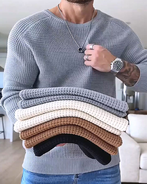 Pullover Herr Rund Halsning Vaffel Långärmad