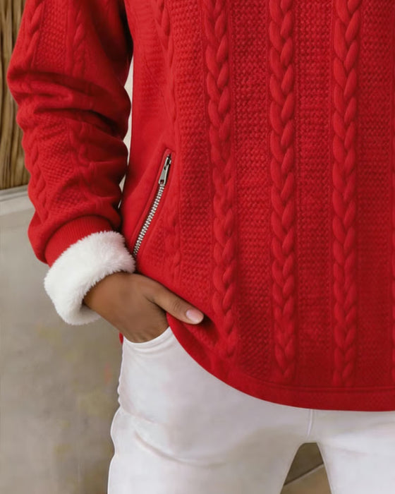 Sweatshirt Flätad Stickning Fleecefodrad Halv Dragkedja