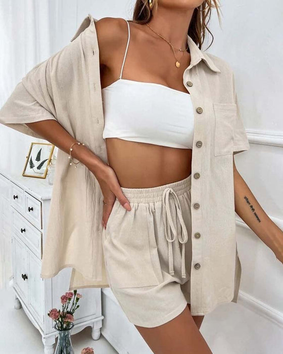 Casual skjorta och shorts set med enfärgad