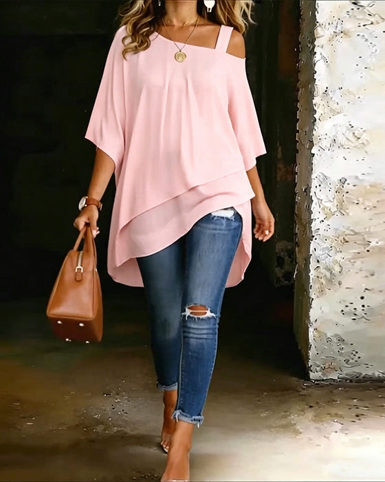 Blus Asymmetrisk Cold Shoulder Enfärgad Avslappnad