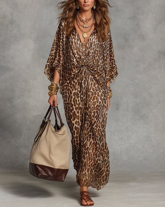 Klädning Trendig Leopard Fladdermus Ärm
