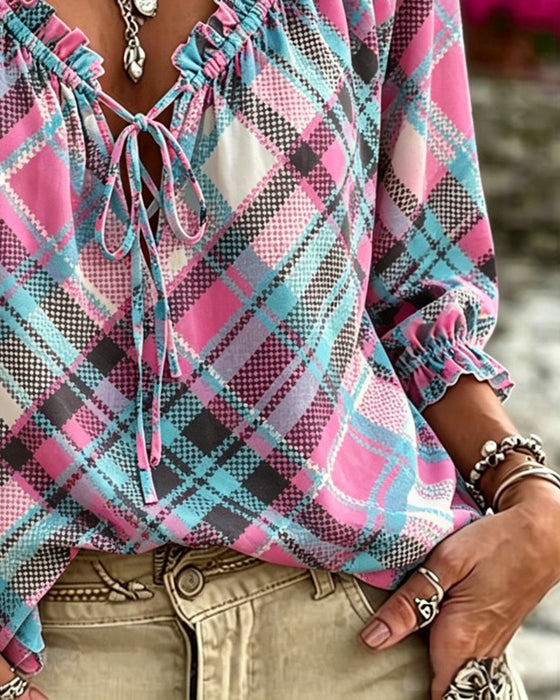 Blus Rysch Kant Knytband Fram Rutig