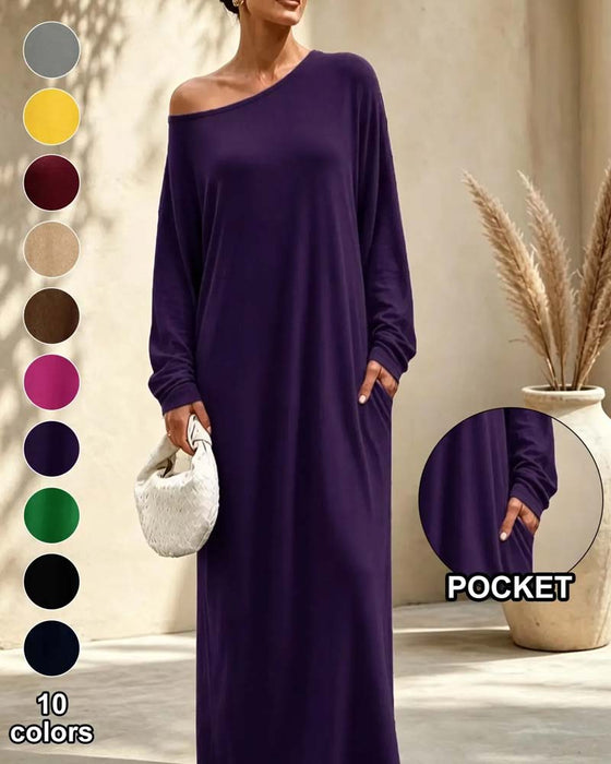 Klänning Asymmetrisk Off-Shoulder Lång Ärm Ficka Maxi