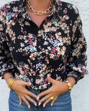 Blus Med Retro Knapp Detaljer Och Små Florala Tryck