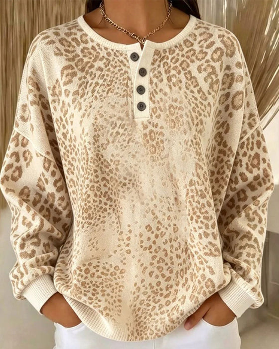 Sweatshirt Leopardmönster Rund Hals Loose Fit