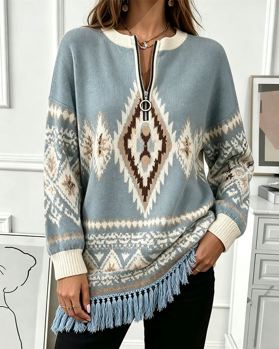 Tröja Geometrisk Jacquard Halv-Zip Fransig Kant
