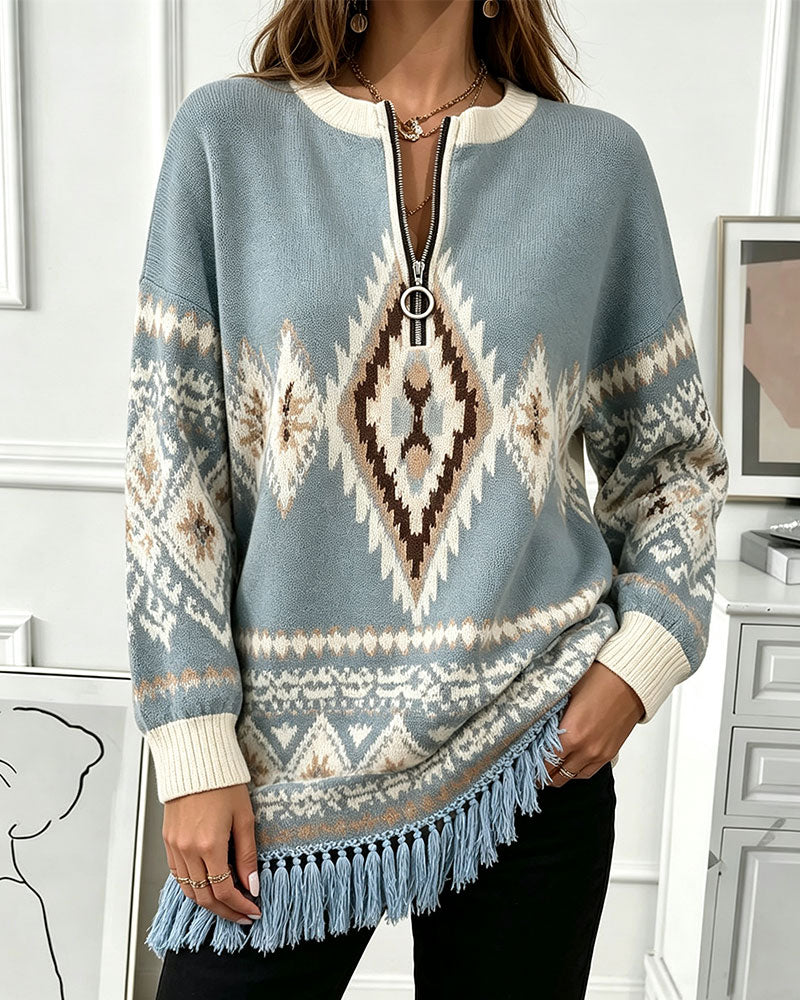 Tröja Geometrisk Jacquard Halv-Zip Fransig Kant