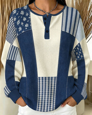 Sweatshirt Rund Hals Knapp Blommig Plaid