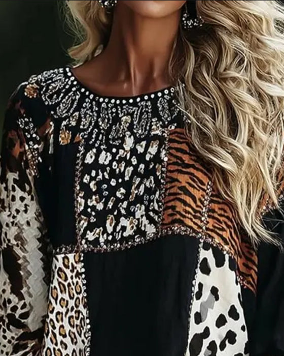 Blus Rundhals Leopard Tiger Tryck Kontrast