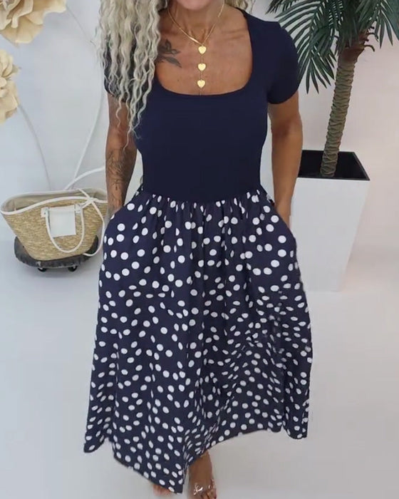 Klädning Fyrkantig Hals Polka Dot Patchwork
