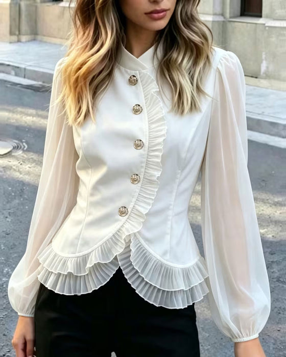 Blus Mini Mandarin Krage Sheer Ruffle