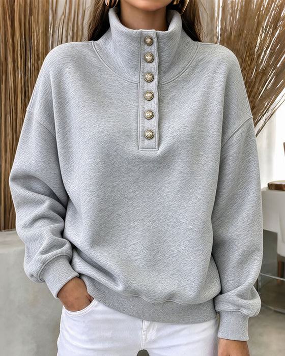 Sweatshirt Hög Krage Knäppt Långärmad