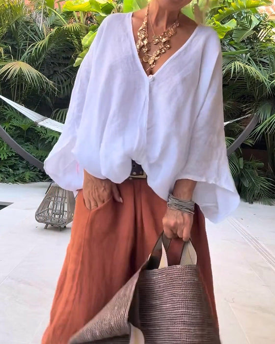 Blus V-Hals Asymmetrisk Solid Avslappnad
