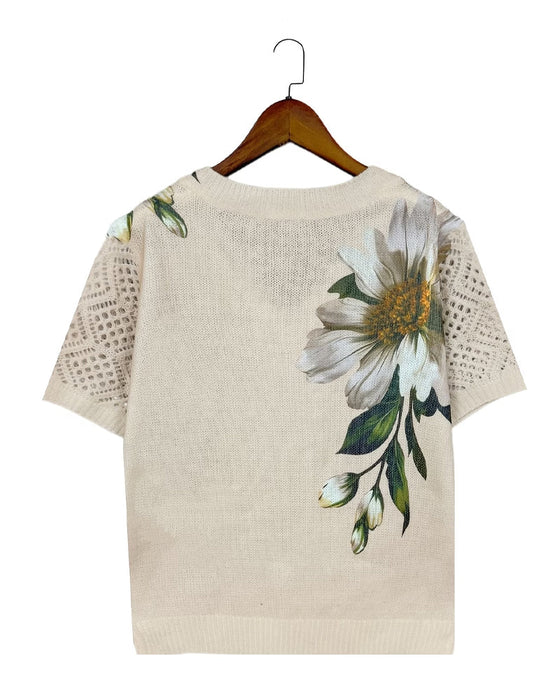 Pullover V-Ringning Stickad Blommig