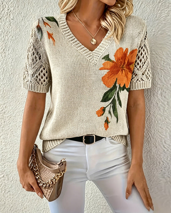 Pullover V-Ringning Stickad Blommig