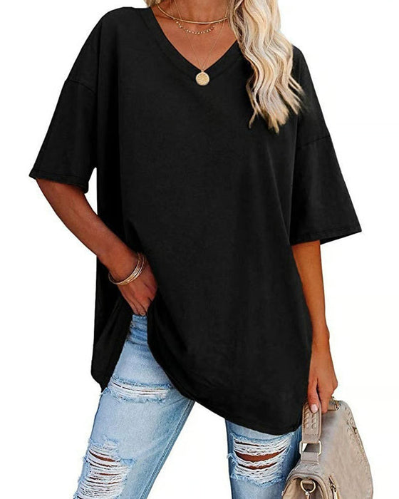 T-Shirt V-Hals Lös Casual Kort Ärm