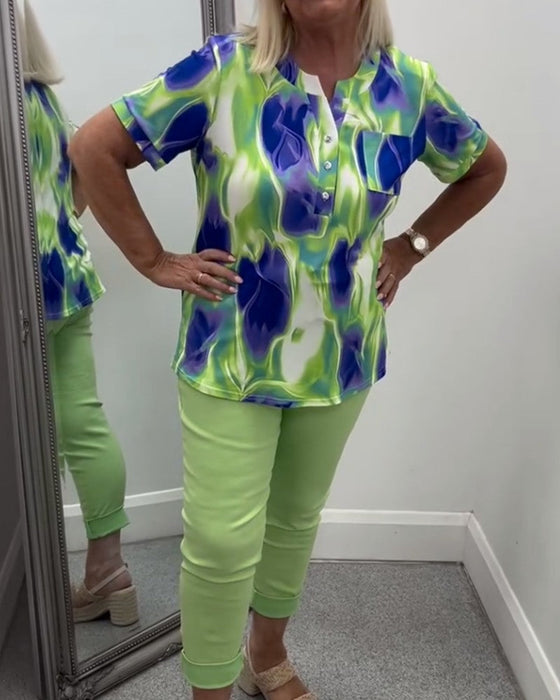 Blus Henley Hals Ombre Tryck Kort Ärm Ficka