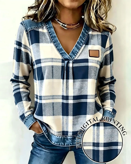 Topp V-Hals Rutig Denim Patchwork
