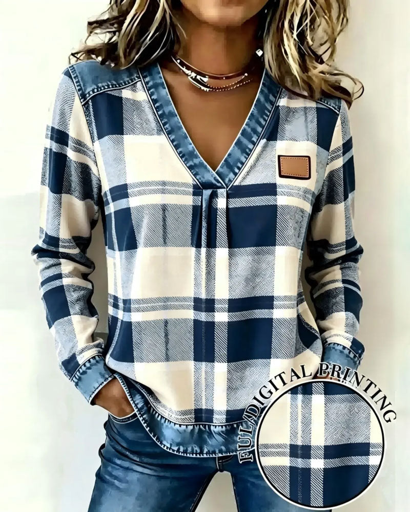 Topp V-Hals Rutig Denim Patchwork