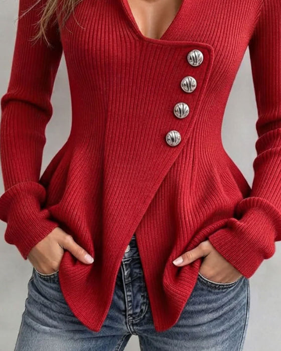 Pullover Ståkrage Asymmetrisk Knapp Oregelbunden Midja