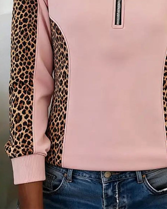 Sweatshirt Leopardmönster Halv-Zip Krage