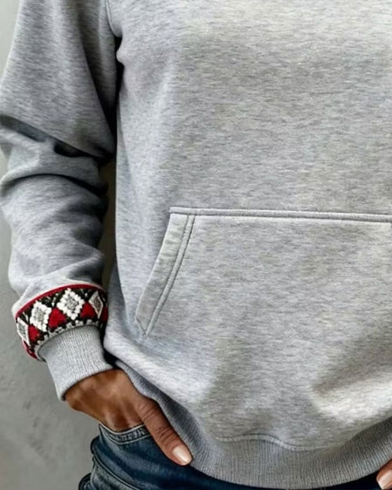 Sweatshirt Rund Hals Argyle Färgblock Ficka