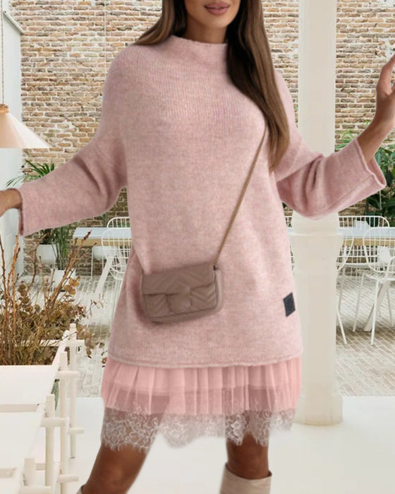 Casual hög krage pullover mesh klänning i enfärgad