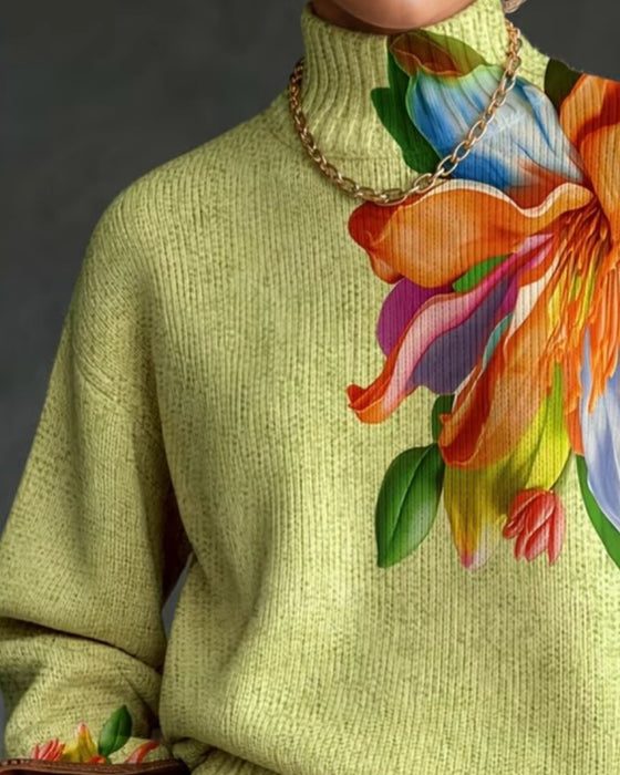 Tröja Polokrage Blommig Kontrast Långärmad