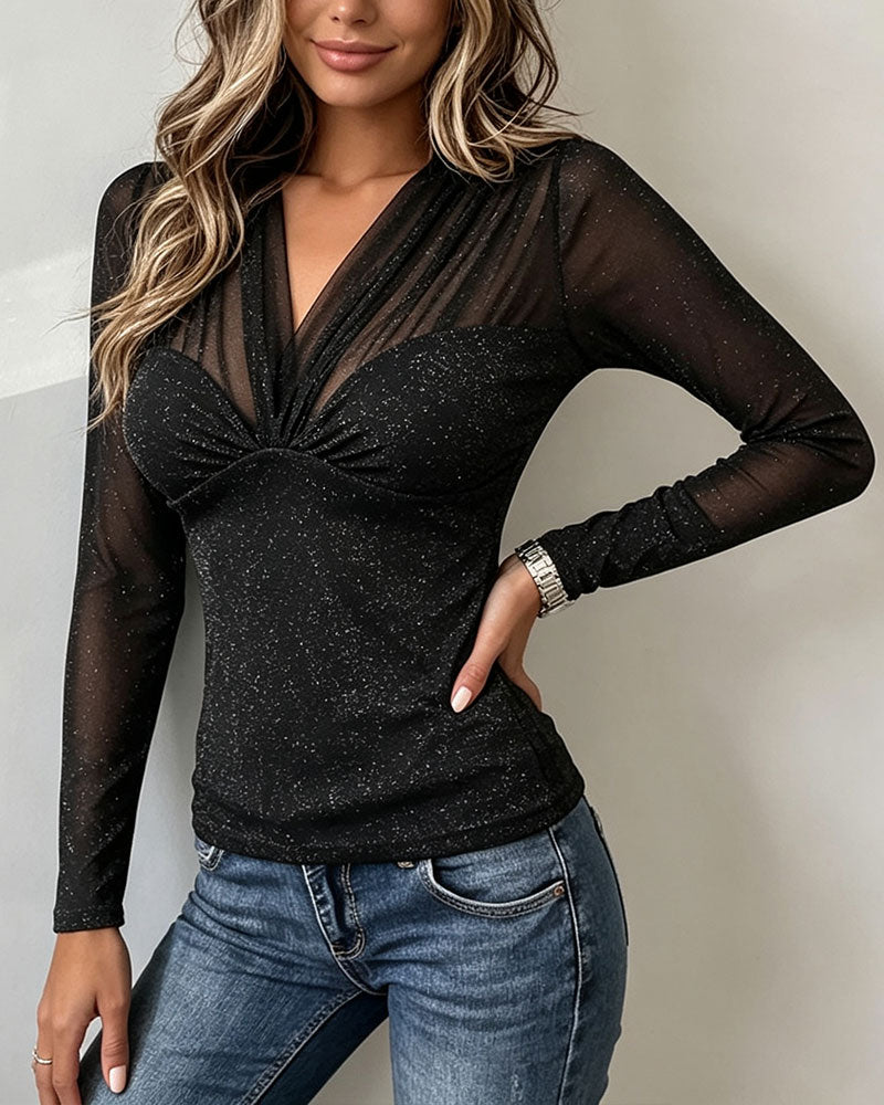 Topp Mesh Patchwork V-Hals Twist
